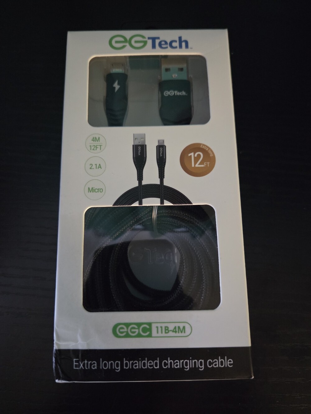 EGTech 12ft Black Braided Micro USB Charging Cable